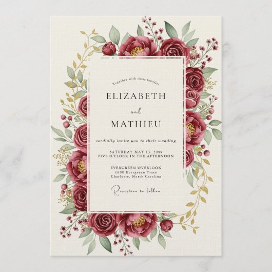 Burgundy Bloom Romance Wedding Einladung (Vorderseite)