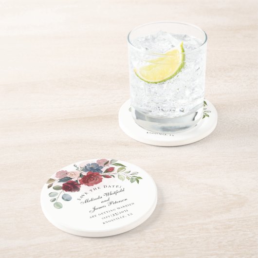Burgundy Bloom Rustikale Floral Save the Date Getränkeuntersetzer (Seite)