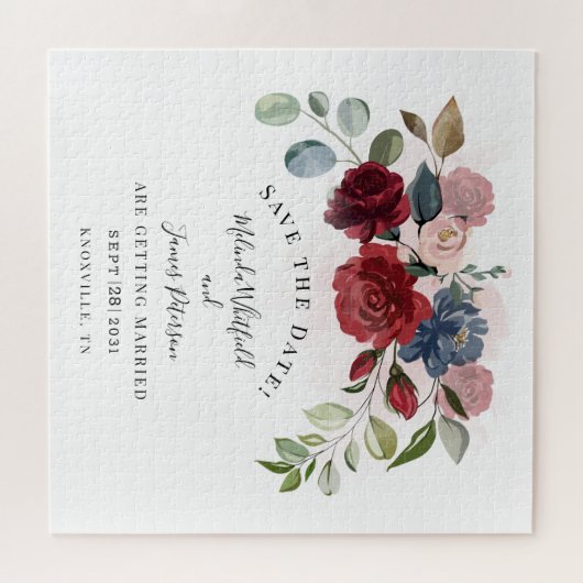 Burgundy Bloom Rustikale Floral Save the Date Puzzle (Horizontal)