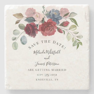 Burgundy Bloom Rustikale Floral Save the Date Steinuntersetzer