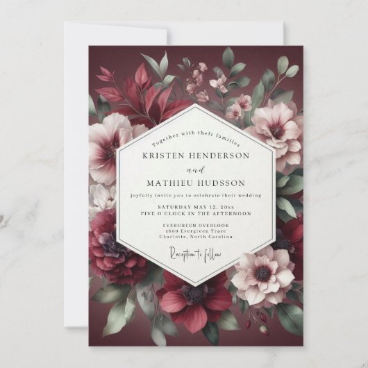 Burgundy Bloom Wedding Einladung (Vorderseite)