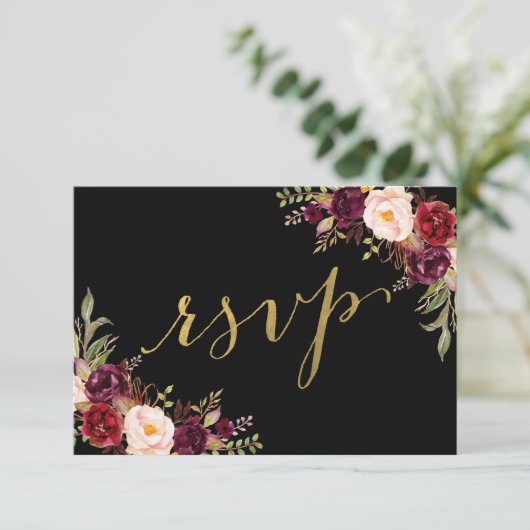 Burgundy Bloral Black Imitats Gold Foil Wedding RS Einladung (Stehend Vorderseite)