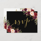 Burgundy Bloral Black Imitats Gold Foil Wedding RS Einladung (Vorne/Hinten)