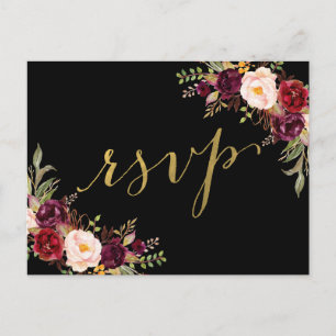Burgundy Bloral Black Imitats Gold Foil Wedding RS Einladungspostkarte