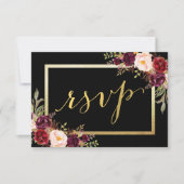 Burgundy Bloral Black Script Hochzeit RSVP (Vorderseite)