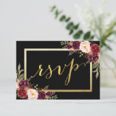 Burgundy Bloral Black Script Hochzeit RSVP (Stehend Vorderseite)