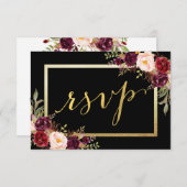 Burgundy Bloral Black Script Hochzeit RSVP (Vorne/Hinten)