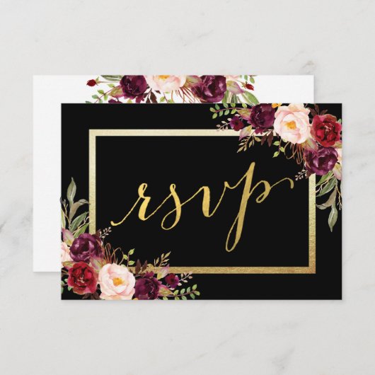 Burgundy Bloral Black Script Hochzeit RSVP (Vorne/Hinten)