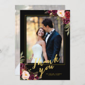 Burgundy Bloral Black Script Hochzeitsfest Foto Dankeskarte (Vorne/Hinten)