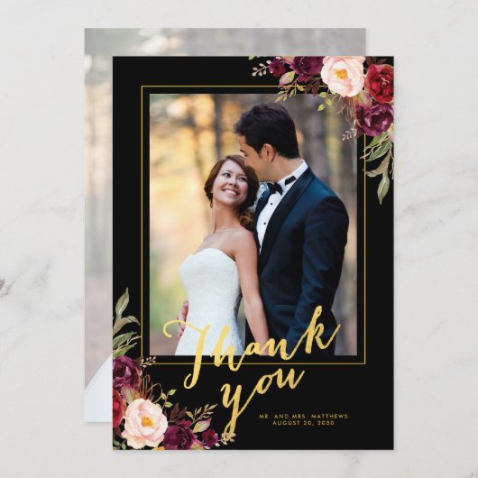 Burgundy Bloral Black Script Hochzeitsfest Foto Dankeskarte (Vorne/Hinten)