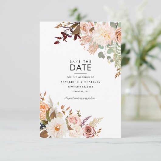 Burgundy Bloral Eukalyptus Grüne Pastel Save The Date (Stehend Vorderseite)