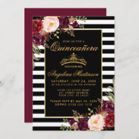 Burgundy Bloral Gold Crosse Stripes Quinceanera