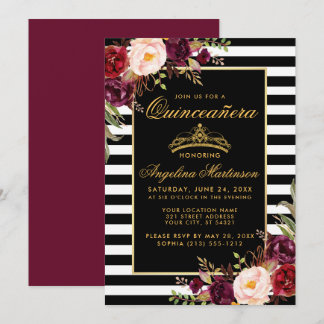 Burgundy Bloral Gold Crosse Stripes Quinceanera Einladung