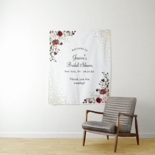 Burgundy Bloral Gold Foil Brautparty Willkommen Wandteppich
