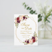 Burgundy Bloral Gold Rahmen Save the Date Ankündigungspostkarte (Stehend Vorderseite)