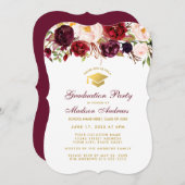 Burgundy Bloral Graduation Party Gold Einladung BR (Vorne/Hinten)