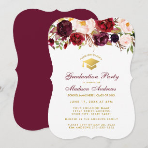 Burgundy Bloral Graduation Party Gold Einladung BR