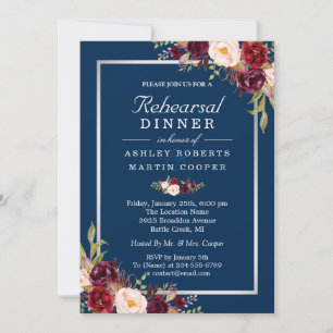 Burgundy Bloral Gray Blue Hochzeit Probe Dinner Einladung