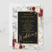 Burgundy Bloral Gray Marble Gold Wedding Einladung (Vorderseite)