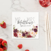 Burgundy Bloral Hand Lettered Chic Rustic Wedding Serviette (Beispiel)