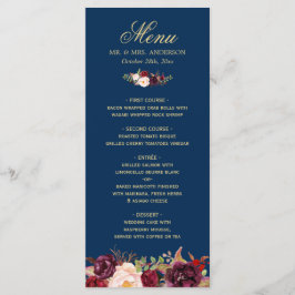 Burgundy Bloral Navy Blue Gold Wedding Menu Card Menükarte