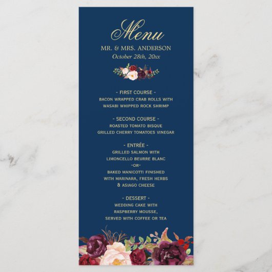 Burgundy Bloral Navy Blue Gold Wedding Menu Card Menükarte (Vorderseite)