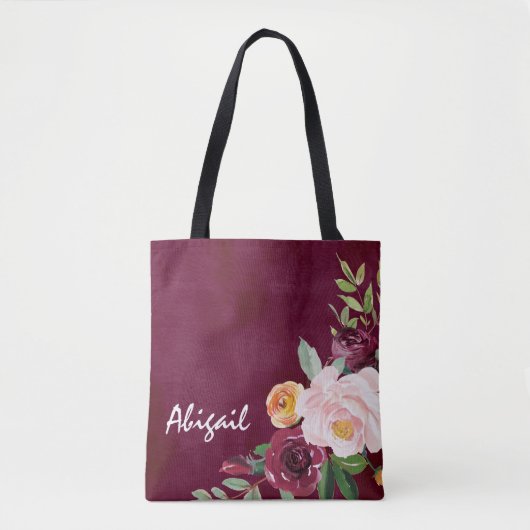 Burgundy Bloral Peonies Personalisiert Tote Bag Tasche (Vorderseite)