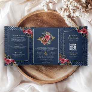Burgundy Bloral Rose Alle in einer Navy Blue Weddi Dreifach Gefaltete Einladung