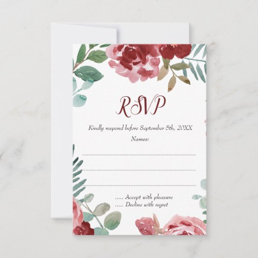 Burgundy Bloral Rose Foliage Wedding RSVP Karten (Vorderseite)