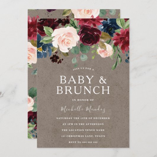 Burgundy Bloral Rustic Baby Showbrunch Einladung (Vorne/Hinten)