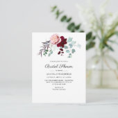 Burgundy Bloral Script Eukalyptus Brautparty Einladungspostkarte (Stehend Vorderseite)