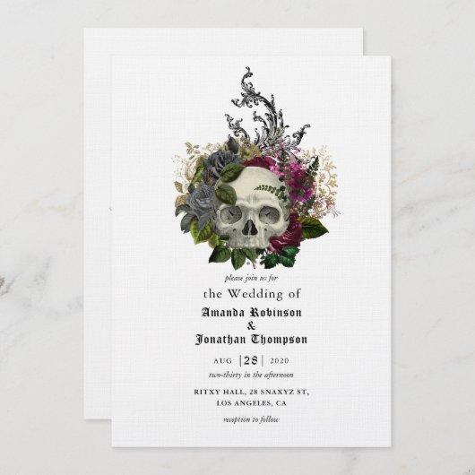 Burgundy Bloral Skull Halloween Gothic Wedding Inv Einladung (Vorne/Hinten)