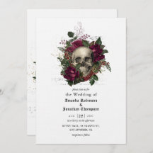 Burgundy Bloral Skull Halloween Gothic Wedding Inv