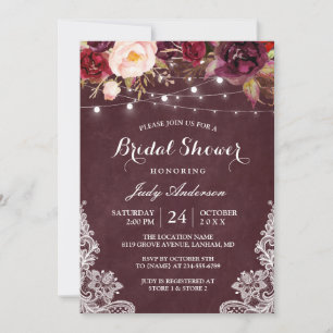 Burgundy Bloral String Lights Lace Brautparty Einladung