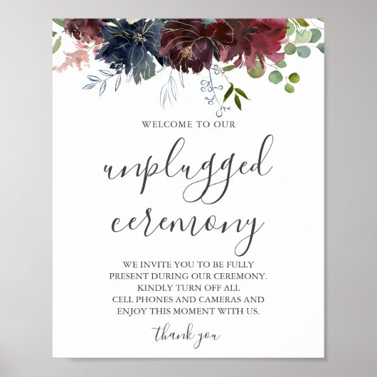 Burgundy Bloral und Grüne Unplugged Wedding Poster (Vorne)
