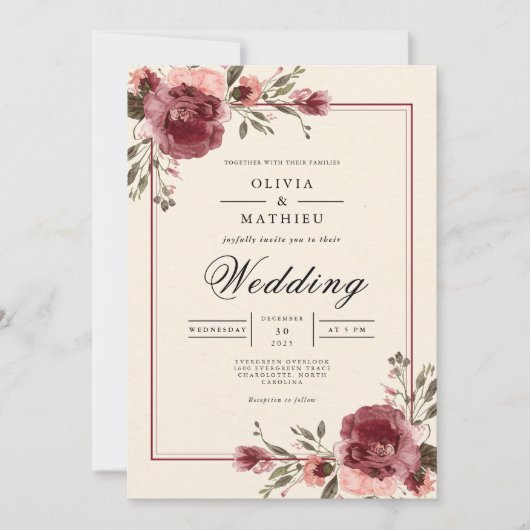 Burgundy Blossom Border Wedding Einladung (Vorderseite)