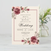Burgundy Blossom Border Wedding Einladung (Stehend Vorderseite)
