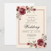 Burgundy Blossom Border Wedding Einladung (Vorne/Hinten)