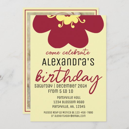 Burgundy Blossom Geburtstagspartei Einladung (Vorne/Hinten)