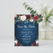 Burgundy Blue Blush Bloral Wedding Save the Date Postkarte (Stehend Vorderseite)