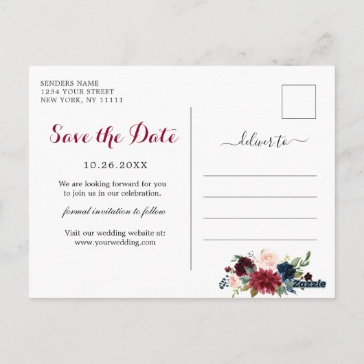 Burgundy Blue Blush Bloral Wedding Save the Date Postkarte (Rückseite)