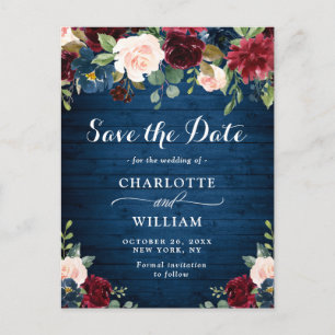 Burgundy Blue Blush Bloral Wedding Save the Date Postkarte