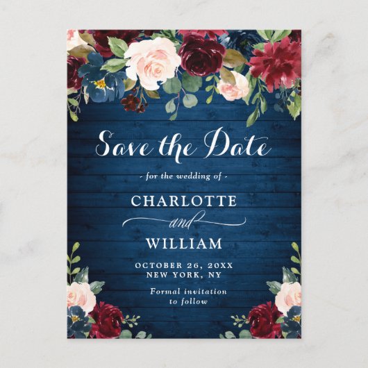 Burgundy Blue Blush Bloral Wedding Save the Date Postkarte (Vorderseite)