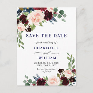 Burgundy Blue Blush Bloral Wedding Save the Date Postkarte