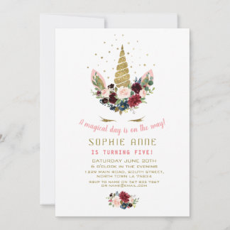 Burgundy Blue Blush Floral Gold Einhorn Geburtstag Einladung