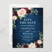 Burgundy Blue Blush Rustic Wedding Save the Date Ankündigungspostkarte (Vorne/Hinten)