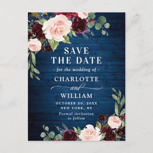 Burgundy Blue Blush Rustic Wedding Save the Date Ankündigungspostkarte (Vorderseite)