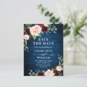 Burgundy Blue Blush Rustic Wedding Save the Date Ankündigungspostkarte (Stehend Vorderseite)