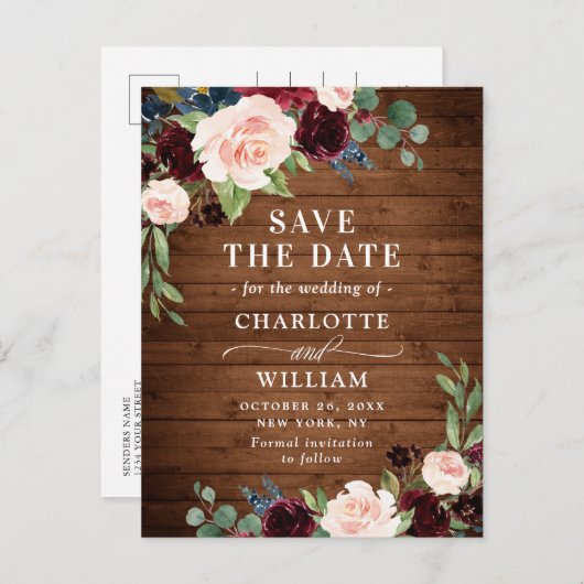 Burgundy Blue Blush Rustic Wedding Save the Date Ankündigungspostkarte (Vorne/Hinten)