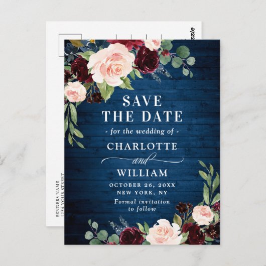 Burgundy Blue Blush Rustic Wedding Save the Date Postkarte (Vorne/Hinten)